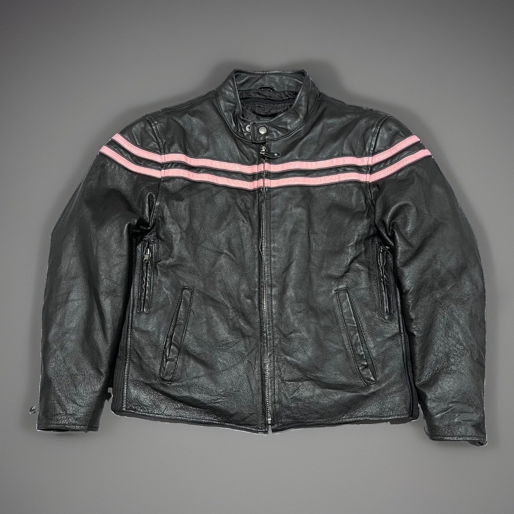 Montana Womens Black Pink Leather Thinsulate Lined Biker Motorcycle Jacket L